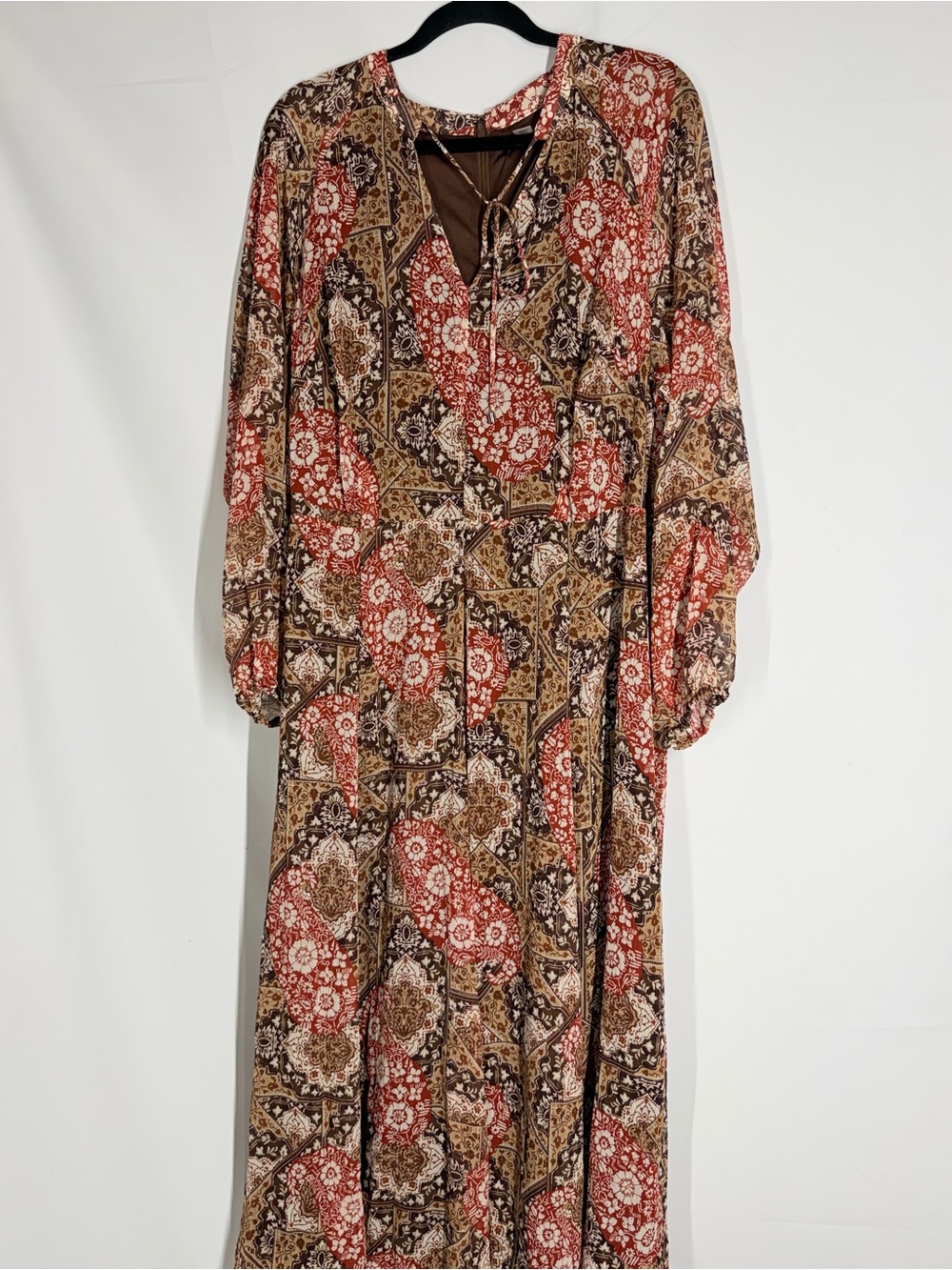 Tommy Hilfiger Long Sleeve Patchwork Floral Maxi Dress in Rust, Brown, Cream